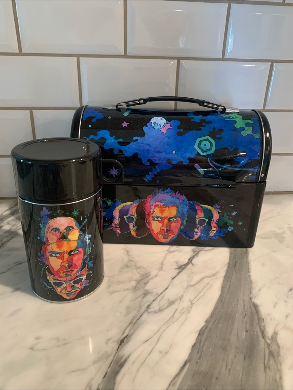 Multicolor Psychedelic Face Metal Lunchbox and Thermos Set - Home Accents